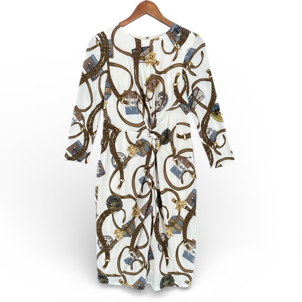 Lauren Ralph Lauren Belting-Print Jersey Dress Size 4P Ecru Chain Belt Pattern